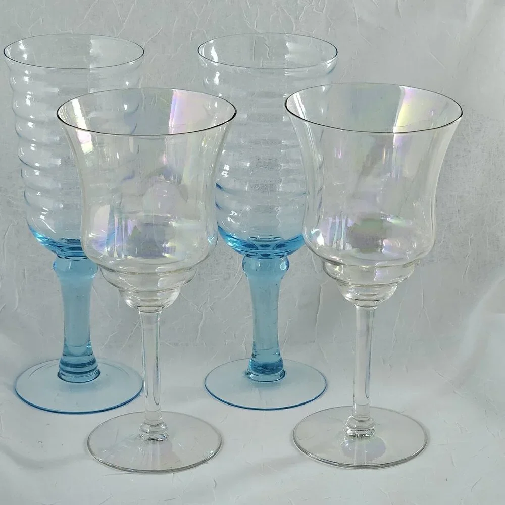 Mismatched Wine Water Goblets set of 4 mixed blue and iridescent glasses party - Picture 2 of 8